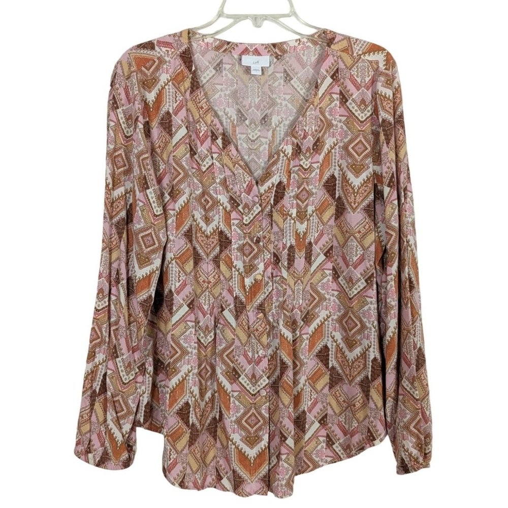 J. Jill long sleeve button up pleated front and back mixed patchwork blouse L